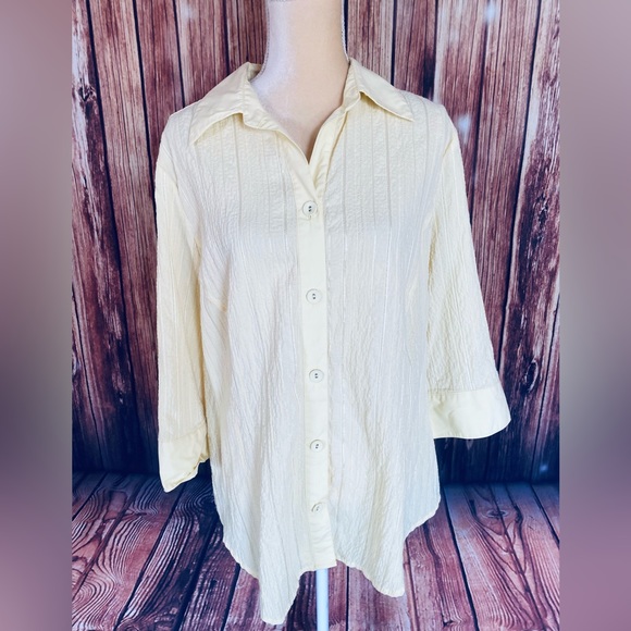 Women’s Size 20W Blouse TanJay Yellow Button Down 3/4 Sleeves V Neck Textured - Picture 2 of 10